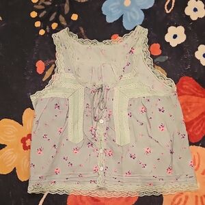 Amazon Floral Lace Trim Blouse - Light Green and Pink